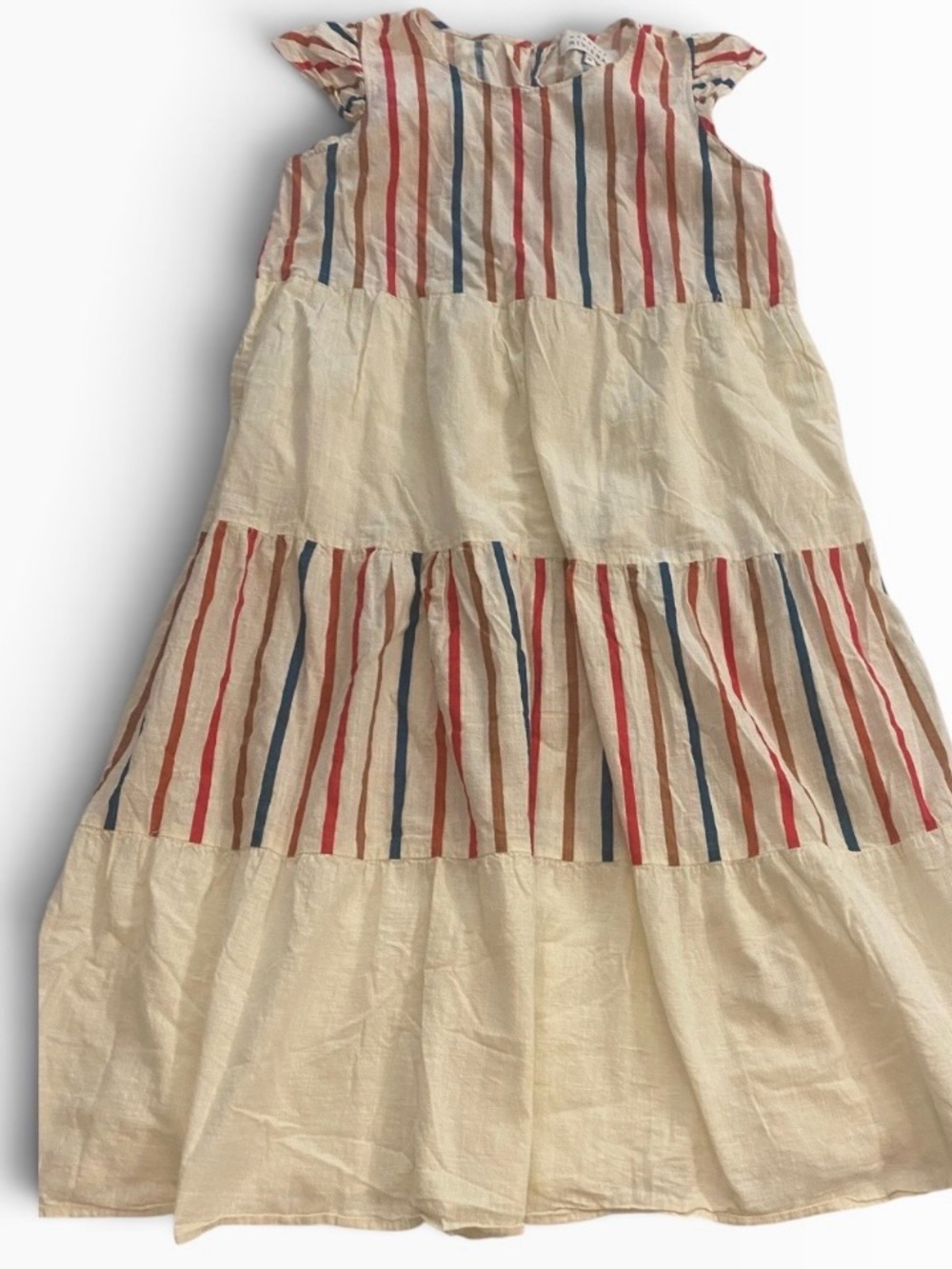 Women’s Cottagecore Tiered Midi Dress Stripes Pockets Cotton Margaux Riviera XL